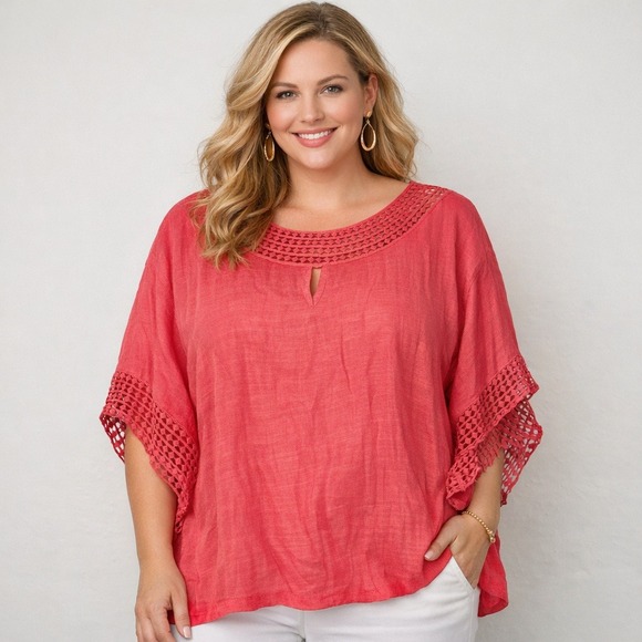 Maria Gabrielle Tops - NEW Maria Gabrielle Blouse Women 2X Coral‎ Crochet Lace Keyhole Boho Top Coastal